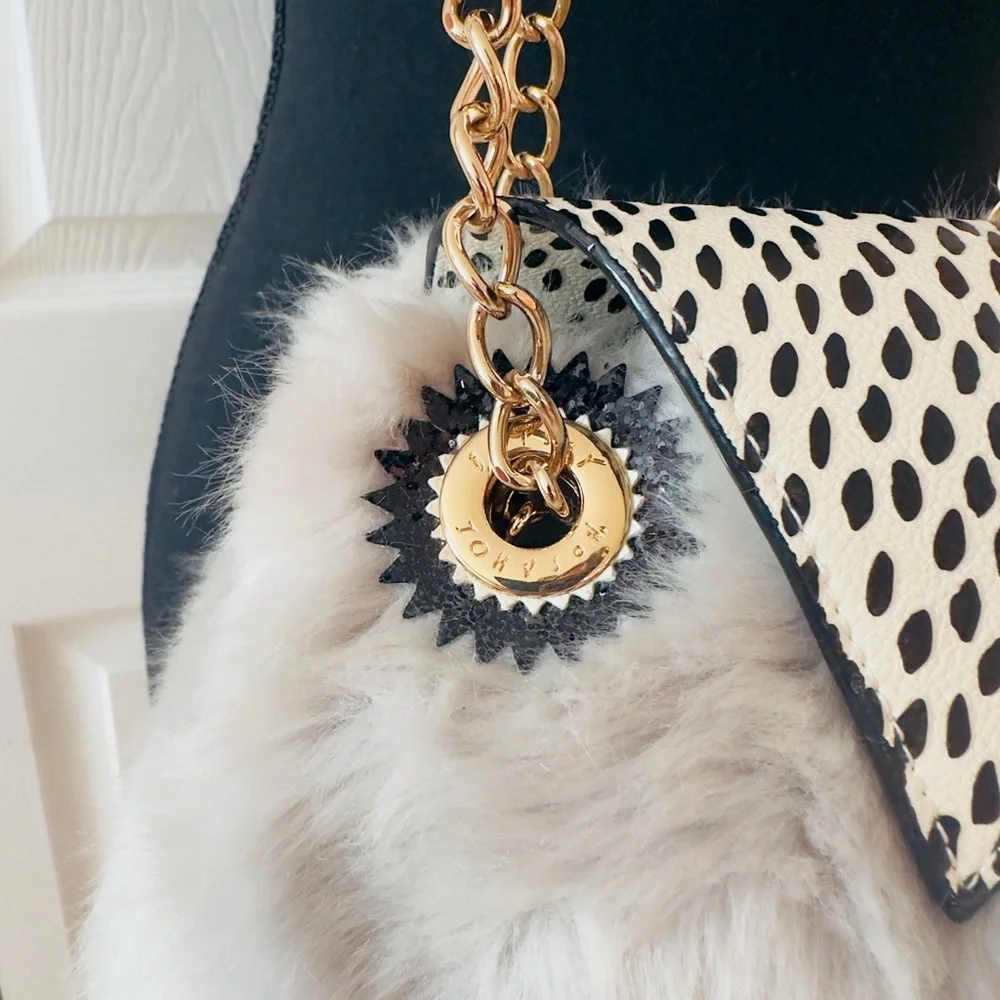 BETSEY JOHNSON ~ Chic Faux Fur Chain Bag Gray/Gold Owl Design Magnetic Closure - Picture 10 of 11